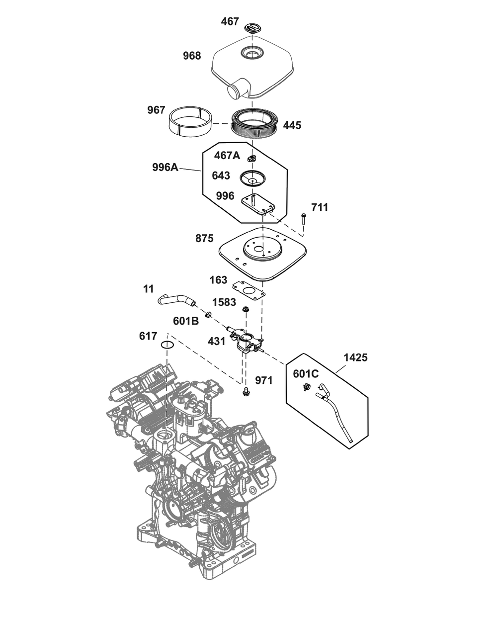 Air Cleaner Group Diagram and Parts List for 61G277-0044-J1  Briggs and Stratton Engine